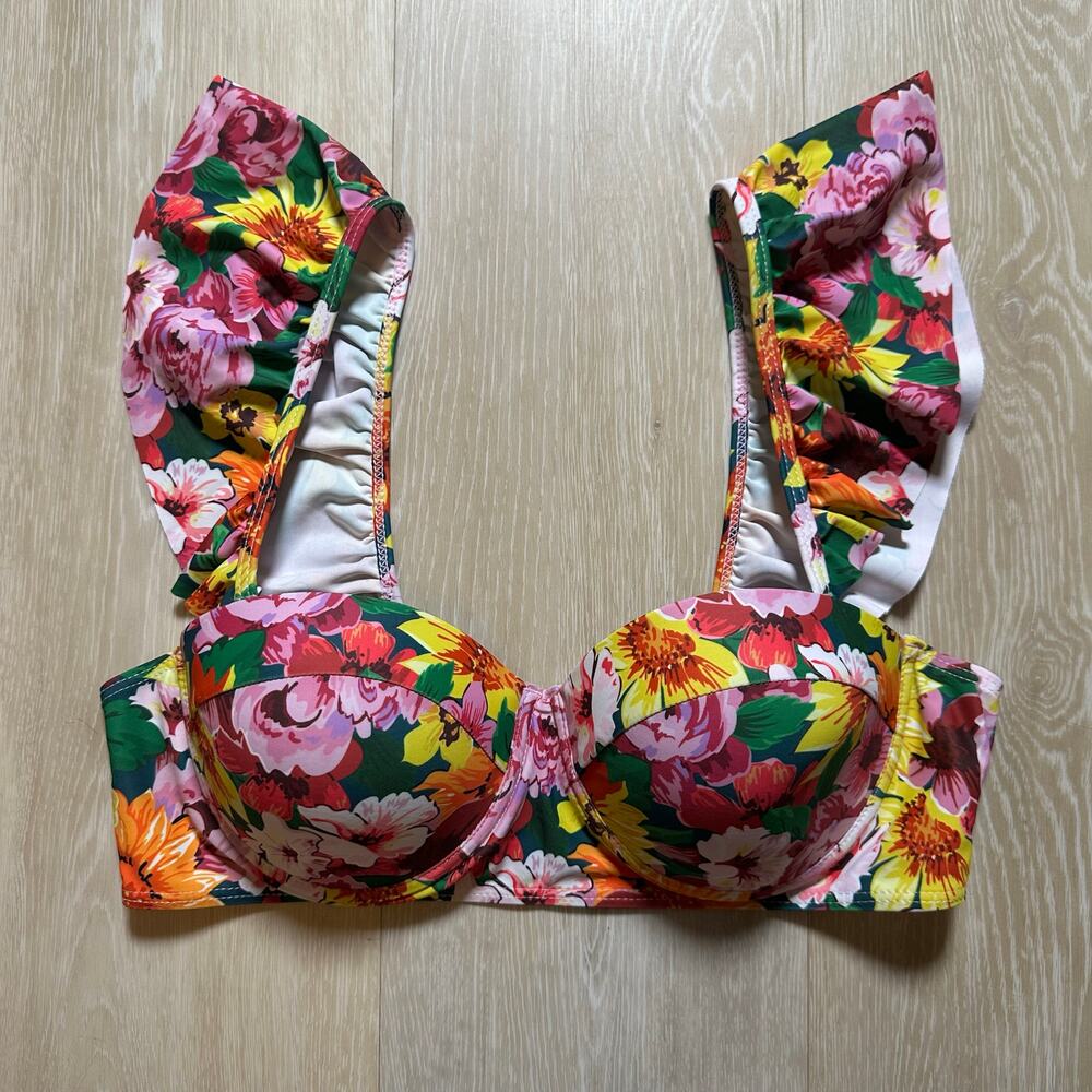 Bright Floral Sleeveless Bikini Top | Removable Ruffled Straps | Size Large